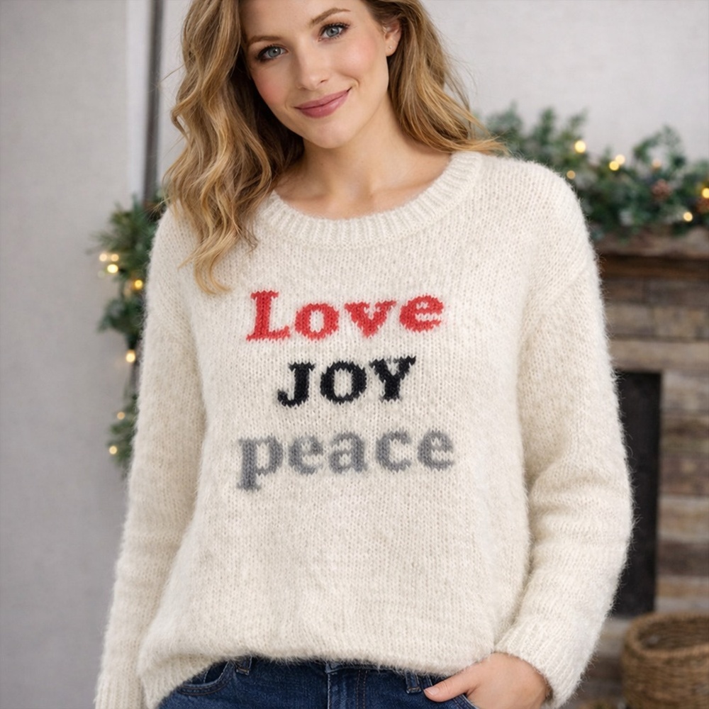 Wooden Ships Love Joy Peace Sweater S/M Mohair Wool Cream Graphic Knit